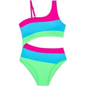 بدلة سباحة للفتيات قطعة واحدة بكتف واحد وقطعة ملابس سباحة كتلة الألوان مقاس 9-16 سنة in Kuwait