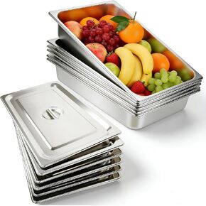 6 عبوات من مقالي الفندق المصنوعة من الفولاذ المقاوم للصدأ، مقاس كامل 4 بوصة بعمق 0.8 مم سميكة مضادة للمربى مع غطاء، لطاولات البخار والمطاعم والمطاعم والاستخدام الصناعي in Kuwait