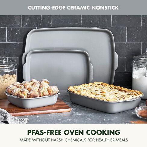 GreenPan Premiere Ovenware Healthy Ceramic Nonstick 4 Piece Bakeware Set, PFAS-Free, Rectangular, Square, Quarter, Half Sheet Baking Pans, Warp-Free, Oven Safe to 600F, Dishwasher Safe, Gray in Kuwait