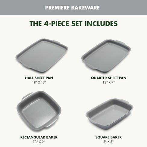 GreenPan Premiere Ovenware Healthy Ceramic Nonstick 4 Piece Bakeware Set, PFAS-Free, Rectangular, Square, Quarter, Half Sheet Baking Pans, Warp-Free, Oven Safe to 600F, Dishwasher Safe, Gray in Kuwait