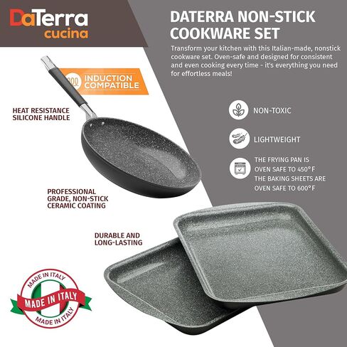 حزمة DaTerra Cucina غير اللاصقة لأيام الأسبوع - مقلاة مقاس 9.5 بوصة، ورقتي خبز/بسكويت مزدوجة - آمنة في الفرن، خالية من PTFE وPFOA، مثالية للقلي والتحميص والخبز - صنع في إيطاليا، سيراميك أسود بركاني in Kuwait