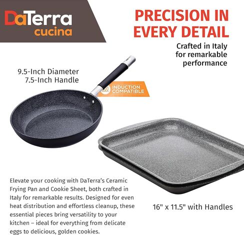 حزمة DaTerra Cucina غير اللاصقة لأيام الأسبوع - مقلاة مقاس 9.5 بوصة، ورقتي خبز/بسكويت مزدوجة - آمنة في الفرن، خالية من PTFE وPFOA، مثالية للقلي والتحميص والخبز - صنع في إيطاليا، سيراميك أسود بركاني in Kuwait