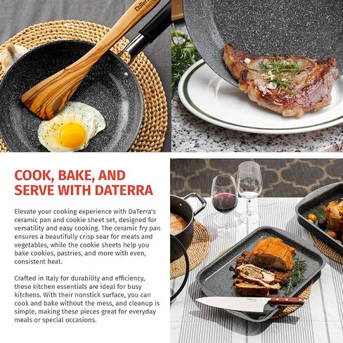 حزمة DaTerra Cucina غير اللاصقة لأيام الأسبوع - مقلاة مقاس 9.5 بوصة، ورقتي خبز/بسكويت مزدوجة - آمنة في الفرن، خالية من PTFE وPFOA، مثالية للقلي والتحميص والخبز - صنع في إيطاليا، سيراميك أسود بركاني in Kuwait