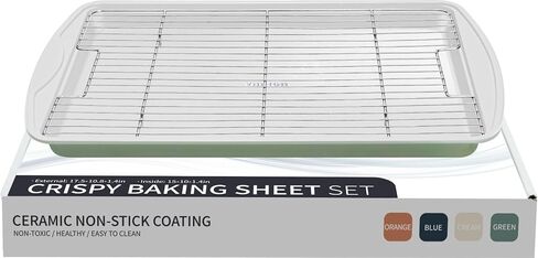Nonstick Crisp Baking Tray With Wire Rack, Ceramic Coating Jelly Roll 15x10 Cookie Sheet Pan, Non-Toxic, PTFE & PFOA Free, Oven Safe 550°F, Dishwasher Safe, Aluminized Steel, Sunshine Cream in Saudi Arabia