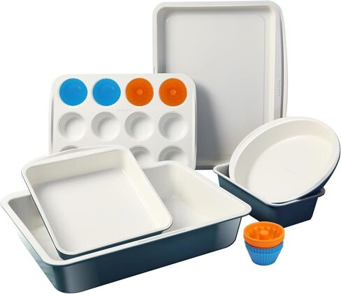 Ceramic Nonstick Baking Pans Set, Non Toxic 30 PCS Stackable Bakeware Sets, 550°F Oven Safe Baking Sheet & Pans, Warp-Free, Dishwasher Safe, PTFE/PFOA/PFOS-Free (Green) in Saudi Arabia