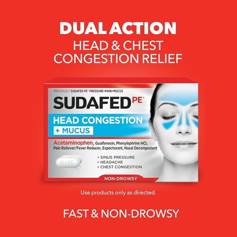 Sudafed PE Head Congestion + أقراص مخاطية لضغط الجيوب الأنفية والألم والازدحام ، 24 CT in Kuwait