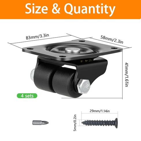 مجموعة عجلات شديدة التحمل مكونة من 4 عجلات منخفضة الحجم مقاس 1 بوصة لعجلات الأثاث بسعة 1100 رطل لمنضدة السرير من النايلون الأسود in Kuwait