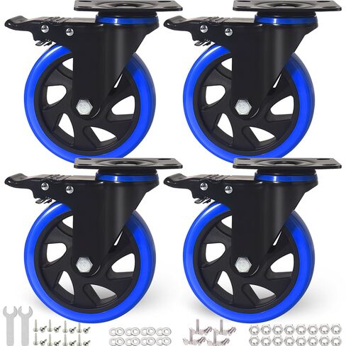 5 Inch Caster Wheels, Casters Set of 4 Heavy Duty with Brake, Safety Dual Locking Casters, No Noise Wheels with Polyurethane Foam, Load 2400LBS (Two Hardware Kits Included) in Saudi Arabia