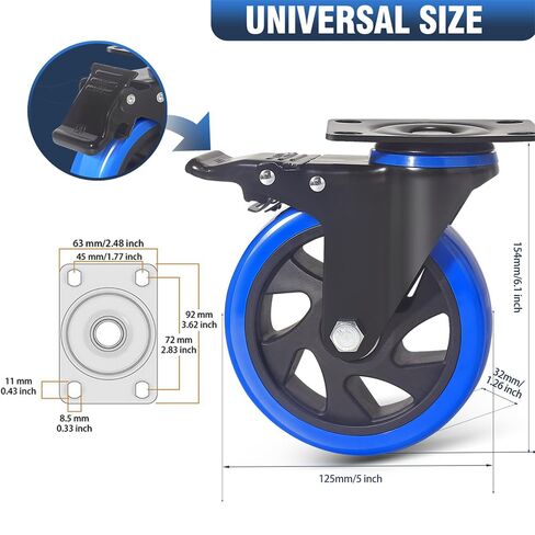 5 Inch Caster Wheels, Casters Set of 4 Heavy Duty with Brake, Safety Dual Locking Casters, No Noise Wheels with Polyurethane Foam, Load 2400LBS (Two Hardware Kits Included) in Saudi Arabia
