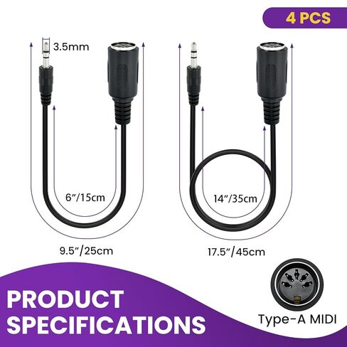 4Pcs Type-A MIDI to 3.5mm Adapter | Include 14" & 6" TRS 3.5mm Male to MIDI Female 5 Pin DIN Breakout Cable | Ultra-Compact Plug | for Synths Keyboards DAWs in Saudi Arabia