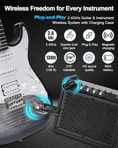 نظام جيتار لاسلكي مع علبة شحن، مجموعة مستقبل إرسال إشارة رقمية بزمن وصول منخفض 2.4 جيجا هرتز للجيتار الكهربائي والباس، التوصيل والتشغيل، نطاق يصل إلى 130 قدمًا، مقبس قابل للدوران، WS-MINI2 in Kuwait