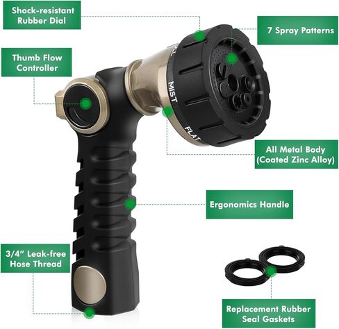 RESTMO Heavy Duty Hose Nozzle, Metal Garden Water Hose Sprayer with 7 Watering Patterns, Thumb Control, On Off Valve, High Pressure Nozzle Sprayer for Watering Plants, Car and Pet Washing, Bronze in Saudi Arabia