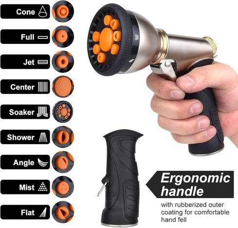 فوهات خرطوم الحديقة 9 أنماط قابلة للتعديل، فوهة رذاذ خرطوم معدنية شديدة التحمل، مسدس رش مقاوم للانزلاق، بخاخ مياه للتنظيف/ري حديقة الحديقة/استحمام الحيوانات الأليفة/غسيل السيارات in Kuwait