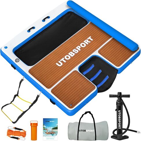 Inflatable Floating Dock Floating Rafts with Water Ramp & Water Hammock Floating Island/Floating Platform, Wood Grain Non - Slip Surface, Ideal for Pool, Ocean, Lakes in Kuwait