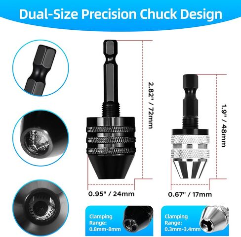 2 قطعة محول تشاك المثقاب بدون مفتاح 1/4 محول مثقاب سداسي الشكل Imapct لسائق الصدمات، محول تغيير سريع، محولات تمديد مثقاب الحفر في 0.3-6.5 مم، ملحقات أدوات 0.3-3.6 مم in Kuwait