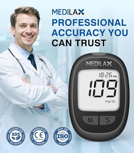مجموعة مراقبة جلوكوز الدم من ميديلاكس، 100 شريط اختبار و100 مجموعة اختبار سكر الدم مع جهاز قياس السكر وجهاز الوخز، بدون ترميز، 500 جهاز مراقبة جلوكوز للتخزين للاستخدام المنزلي، واختبار مرض السكري in Kuwait