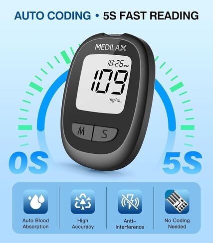 مجموعة مراقبة جلوكوز الدم من ميديلاكس، 100 شريط اختبار و100 مجموعة اختبار سكر الدم مع جهاز قياس السكر وجهاز الوخز، بدون ترميز، 500 جهاز مراقبة جلوكوز للتخزين للاستخدام المنزلي، واختبار مرض السكري in Kuwait