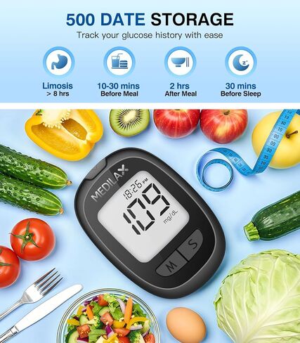 مجموعة مراقبة جلوكوز الدم من ميديلاكس، 100 شريط اختبار و100 مجموعة اختبار سكر الدم مع جهاز قياس السكر وجهاز الوخز، بدون ترميز، 500 جهاز مراقبة جلوكوز للتخزين للاستخدام المنزلي، واختبار مرض السكري in Kuwait