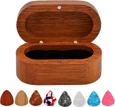 Guitar Pick Holder Set, Wooden Guitar Pick Case Mini Jewelry Box with 2 Wood Picks and 6 Celluloid Plectrums (3 Thicknesses), Music Accessories Gifts for Bass-Guitar Lover Player(COLOR:Brown) in Kuwait