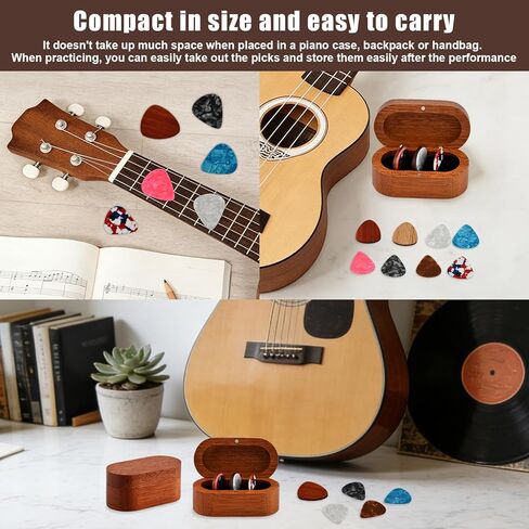 Guitar Pick Holder Set, Wooden Guitar Pick Case Mini Jewelry Box with 2 Wood Picks and 6 Celluloid Plectrums (3 Thicknesses), Music Accessories Gifts for Bass-Guitar Lover Player(COLOR:Brown) in Kuwait