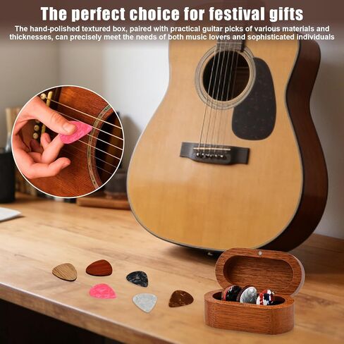 Guitar Pick Holder Set, Wooden Guitar Pick Case Mini Jewelry Box with 2 Wood Picks and 6 Celluloid Plectrums (3 Thicknesses), Music Accessories Gifts for Bass-Guitar Lover Player(COLOR:Brown) in Kuwait