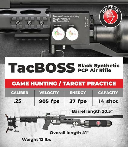 Hatsan TacBoss .25 Cal 905 FPS 37 FPE 14-Shot PCP بندقية هوائية سوداء، حركة رافعة جانبية، أسطوانة هواء 580cc، أجهزة قياس ضغط مزدوجة، تقنية QE مع Wearable4U 150x .25cal كريات ومنظار مع حزمة حوامل in Saudi Arabia
