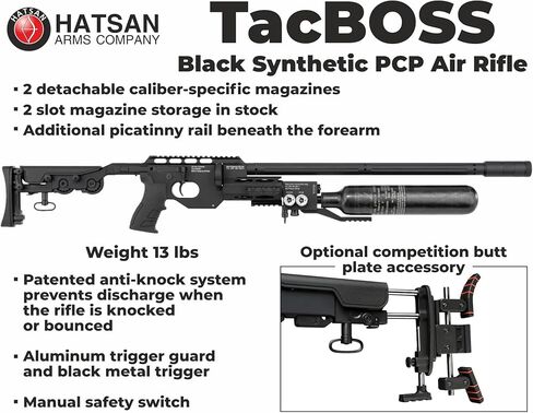 Hatsan TacBoss .25 Cal 905 FPS 37 FPE 14-Shot PCP بندقية هوائية سوداء، حركة رافعة جانبية، أسطوانة هواء 580cc، أجهزة قياس ضغط مزدوجة، تقنية QE مع Wearable4U 150x .25cal كريات ومنظار مع حزمة حوامل in Saudi Arabia