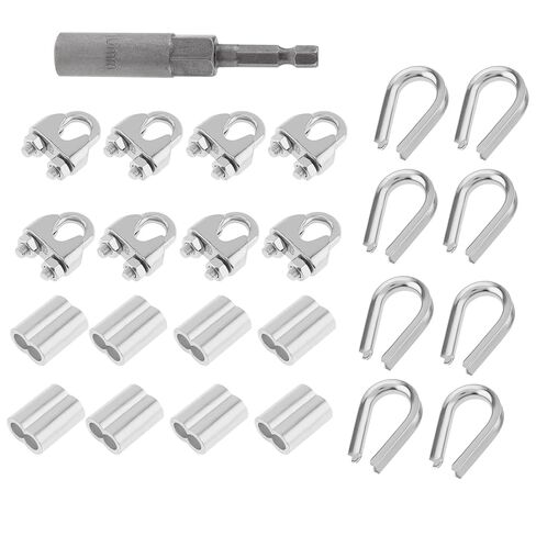25 pcs M8 Wire Rope Clamps Aluminum Crimping Loop Sleeves Stainless Steel Thimbles Cable Clamps U Bolt Saddle Fastener for Tent Rope with Hexagon Nut Driver Drill Bit Adapter, 5/16" Cable Ferrule Kit in Kuwait