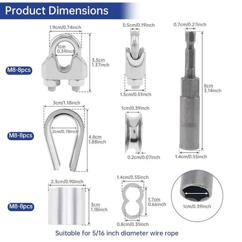25 pcs M8 Wire Rope Clamps Aluminum Crimping Loop Sleeves Stainless Steel Thimbles Cable Clamps U Bolt Saddle Fastener for Tent Rope with Hexagon Nut Driver Drill Bit Adapter, 5/16" Cable Ferrule Kit in Kuwait