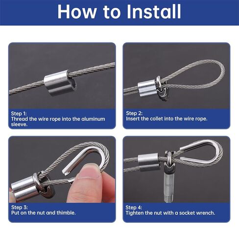 25 pcs M8 Wire Rope Clamps Aluminum Crimping Loop Sleeves Stainless Steel Thimbles Cable Clamps U Bolt Saddle Fastener for Tent Rope with Hexagon Nut Driver Drill Bit Adapter, 5/16" Cable Ferrule Kit in Kuwait