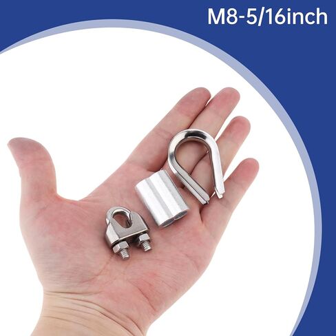 25 pcs M8 Wire Rope Clamps Aluminum Crimping Loop Sleeves Stainless Steel Thimbles Cable Clamps U Bolt Saddle Fastener for Tent Rope with Hexagon Nut Driver Drill Bit Adapter, 5/16" Cable Ferrule Kit in Kuwait