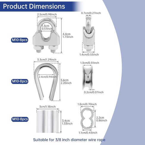 24 Pcs M10 Cable Clamp Thimble Ferrule Set 3/8" Wire Rope Rigging Accessories 304 Stainless Steel Aluminum Crimping Sleeves Wire Clamps for Cables (M10(3/8")) in Kuwait