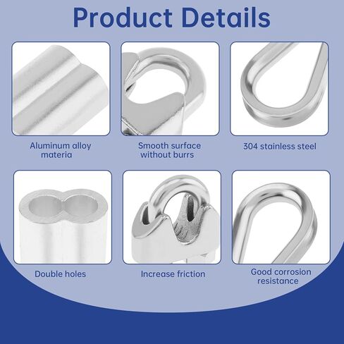 24 Pcs M10 Cable Clamp Thimble Ferrule Set 3/8" Wire Rope Rigging Accessories 304 Stainless Steel Aluminum Crimping Sleeves Wire Clamps for Cables (M10(3/8")) in Kuwait