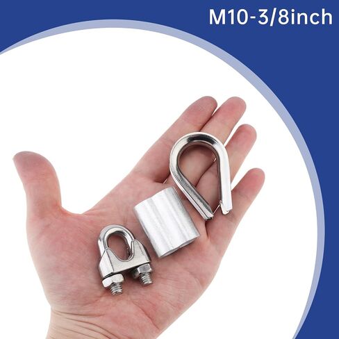 24 Pcs M10 Cable Clamp Thimble Ferrule Set 3/8" Wire Rope Rigging Accessories 304 Stainless Steel Aluminum Crimping Sleeves Wire Clamps for Cables (M10(3/8")) in Kuwait