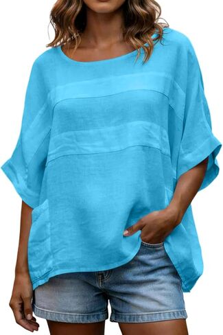 Linen Shirts for Women 3/4 Sleeve Loose Oversized T Shirts Summer Solid Color Tshirts Vacation Travel Outfits Pockets in Saudi Arabia