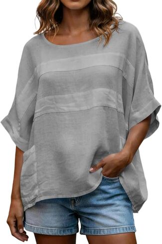 Linen Shirts for Women 3/4 Sleeve Loose Oversized T Shirts Summer Solid Color Tshirts Vacation Travel Outfits Pockets in Kuwait