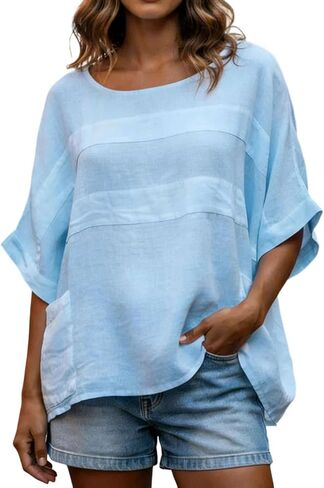 Linen Shirts for Women 3/4 Sleeve Loose Oversized T Shirts Summer Solid Color Tshirts Vacation Travel Outfits Pockets in Kuwait