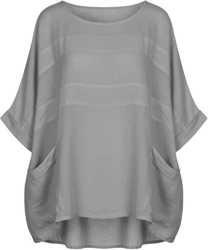Linen Shirts for Women 3/4 Sleeve Loose Oversized T Shirts Summer Solid Color Tshirts Vacation Travel Outfits Pockets in Kuwait