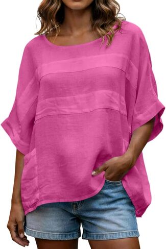 Linen Shirts for Women 3/4 Sleeve Loose Oversized T Shirts Summer Solid Color Tshirts Vacation Travel Outfits Pockets in Kuwait