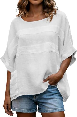 Linen Shirts for Women 3/4 Sleeve Loose Oversized T Shirts Summer Solid Color Tshirts Vacation Travel Outfits Pockets in Kuwait
