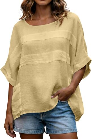 Linen Shirts for Women 3/4 Sleeve Loose Oversized T Shirts Summer Solid Color Tshirts Vacation Travel Outfits Pockets in Kuwait