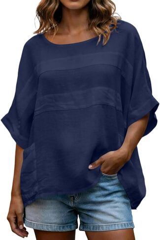 Linen Shirts for Women 3/4 Sleeve Loose Oversized T Shirts Summer Solid Color Tshirts Vacation Travel Outfits Pockets in Kuwait