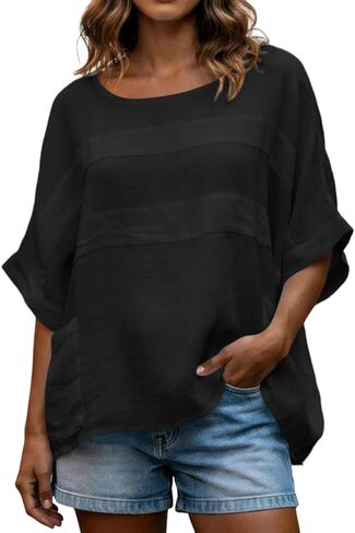 Linen Shirts for Women 3/4 Sleeve Loose Oversized T Shirts Summer Solid Color Tshirts Vacation Travel Outfits Pockets in Kuwait