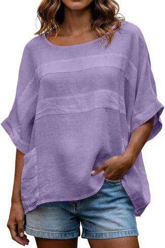 Linen Shirts for Women 3/4 Sleeve Loose Oversized T Shirts Summer Solid Color Tshirts Vacation Travel Outfits Pockets in Kuwait