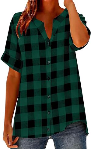 Linen Shirts for Women Plaid Henley V Neck Shirts Button up Shirts Cotton Linen Tunic Tops Casual Loose Fit Blouses in Saudi Arabia