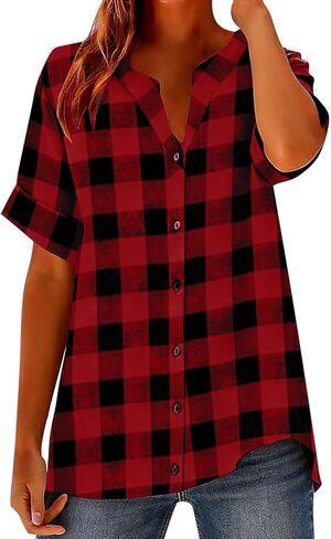 Linen Shirts for Women Plaid Henley V Neck Shirts Button up Shirts Cotton Linen Tunic Tops Casual Loose Fit Blouses in Saudi Arabia