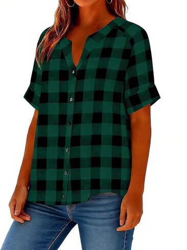 Linen Shirts for Women Plaid Henley V Neck Shirts Button up Shirts Cotton Linen Tunic Tops Casual Loose Fit Blouses in Saudi Arabia