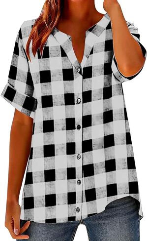 Linen Shirts for Women Plaid Henley V Neck Shirts Button up Shirts Cotton Linen Tunic Tops Casual Loose Fit Blouses in Saudi Arabia