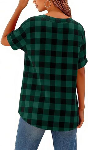 Linen Shirts for Women Plaid Henley V Neck Shirts Button up Shirts Cotton Linen Tunic Tops Casual Loose Fit Blouses in Saudi Arabia