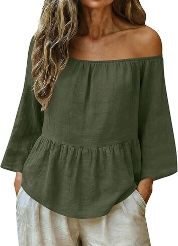 Linen Shirts for Women Cute Babydoll Tops Long Sleeve Solid Color Crewneck T-Shirts Vacation Summer Spring Outfits Top in Saudi Arabia